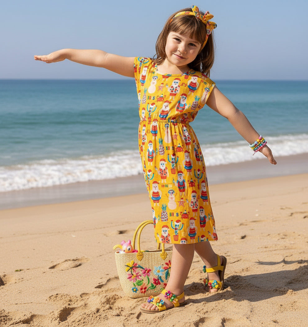 Young girl wearing a yellow dress with colorful patterns on a white background