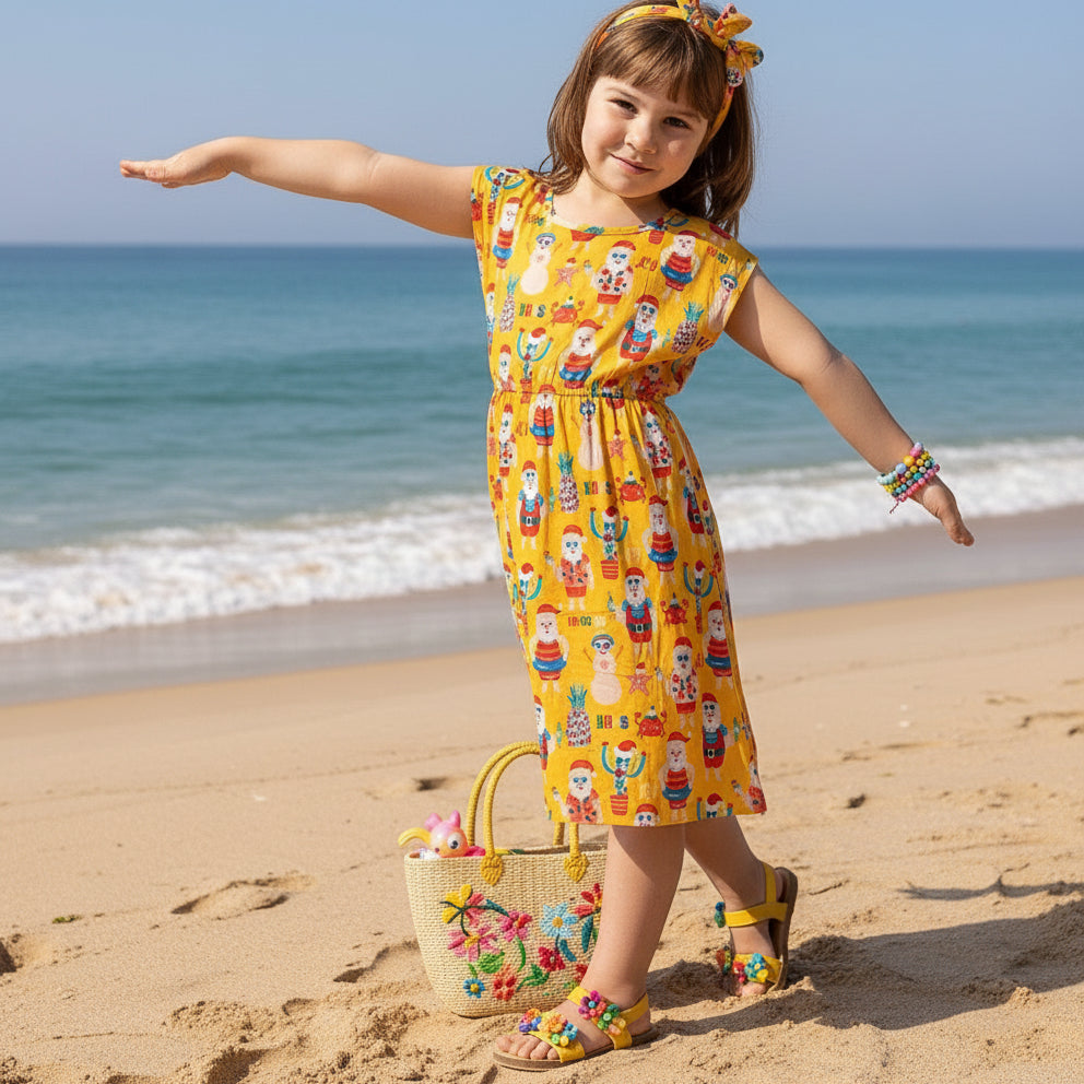 Kids holiday dress with red and green holly print, sleeveless, festive tropical style for Christmas. | Tropicool Clothing