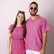 Retro Vibe Adult Maxi Leila Dress with tropical floral pattern, matching mens Hawaiian shirt set. | Tropicool Clothing