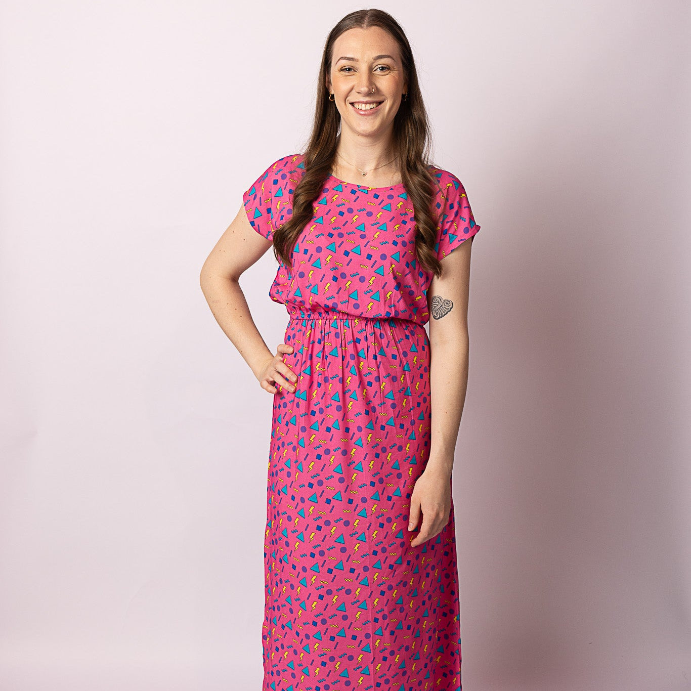 Retro Vibe Adult Maxi Leila Dress in vibrant tropical floral print, maxi length, perfect for festive occasions. | Tropicool Clothing