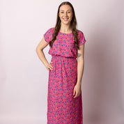 Retro Vibe Adult Maxi Leila Dress in vibrant tropical floral print, maxi length, perfect for festive occasions. | Tropicool Clothing