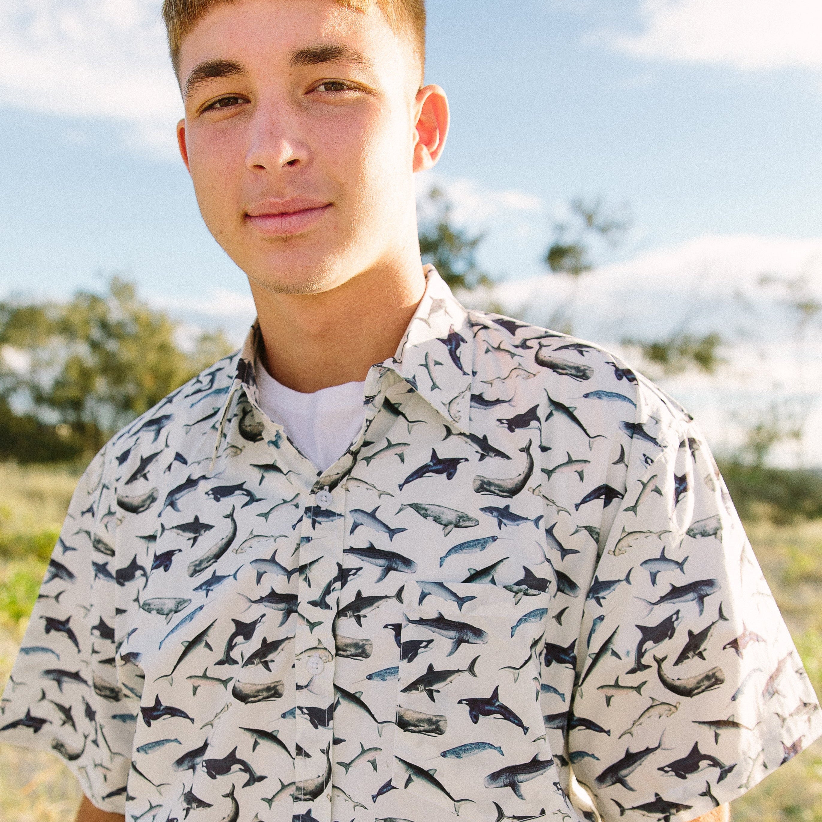 Shark Paradise Hawaiian shirt featuring bold shark graphics in blue and white, tropical festive style. | Tropicool Clothing