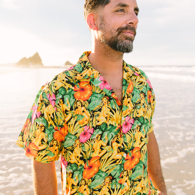 Passion Paradise Adult Shirt features vibrant tropical palm tree print in blue and yellow, Hawaiian style. | Tropicool Clothing