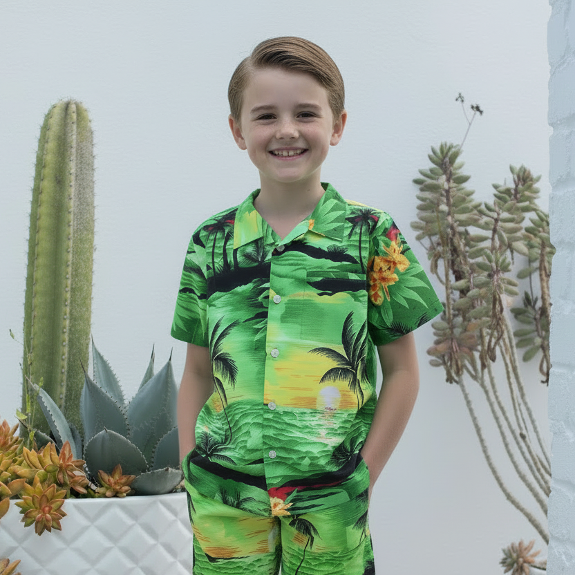 A child wearing a green Hawaiian shirt with a tropical pattern and matching shorts, standing near a cactus.