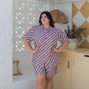 Festive red, green, and white striped Christmas shirt and shorts set; tropical holiday apparel. | Tropicool Clothing