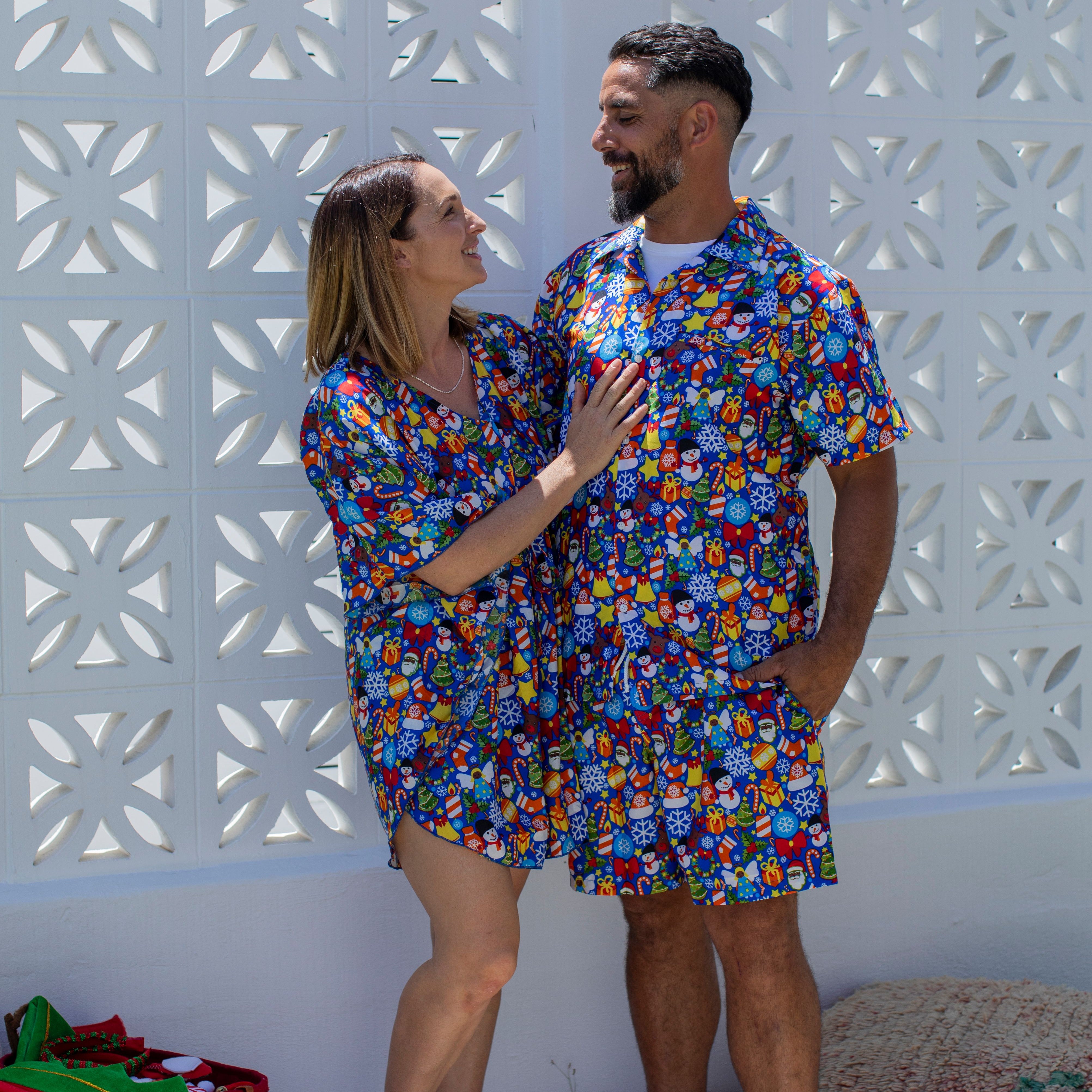 Celebrations Blue Christmas kaftans with festive holiday patterns, tropical-inspired, loose fit style. | Tropicool Clothing