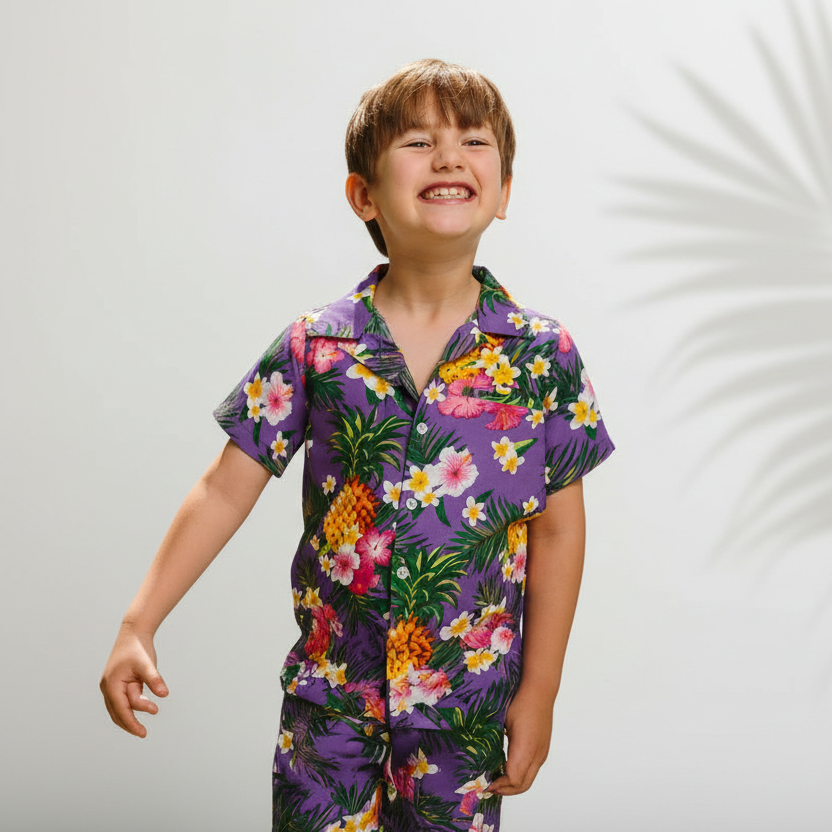 Child wearing a colorful floral outfit on a white background