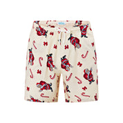 Cream Christmas adult shorts with drawstring, Santa Claus, candy cane, and red bow festive holiday pattern. | Tropicool Clothing