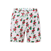 Festive holiday shorts with green gremlin and present pattern, vibrant colors, tropical Christmas style. | Tropicool Clothing