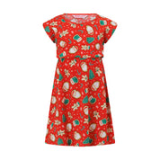 Red short-sleeve dress with holly and festive Christmas print, perfect for holiday tropical parties. | Tropicool Clothing