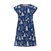 Navy Christmas dress with white reindeer and tree print, short sleeves, gathered waist, round neckline. | Tropicool Clothing