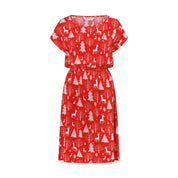 Red Christmas dress with white reindeer and tree print, short sleeves, elastic waist; festive holiday apparel. | Tropicool Clothing