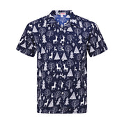 Navy Christmas shirt with white reindeer, pine trees, and geometric festive patterns. | Tropicool Clothing