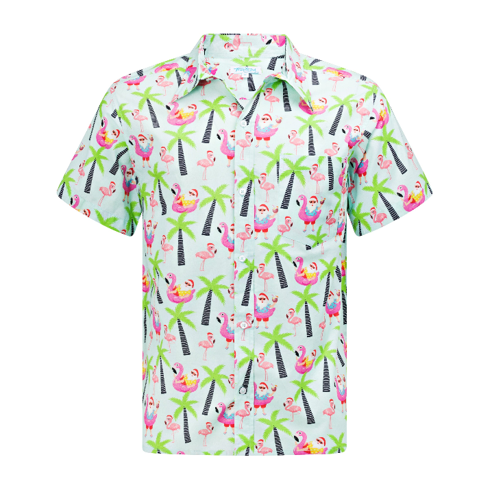 Blue kids Hawaiian shirt with palm tree and tropical drink patterns, festive summer holiday apparel. | Tropicool Clothing