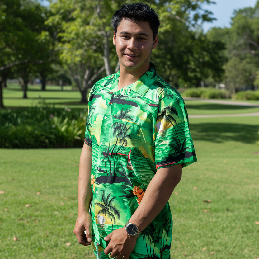 An adult wearing a matching green and yellow shirt and shorts set with a tropical leaf pattern.