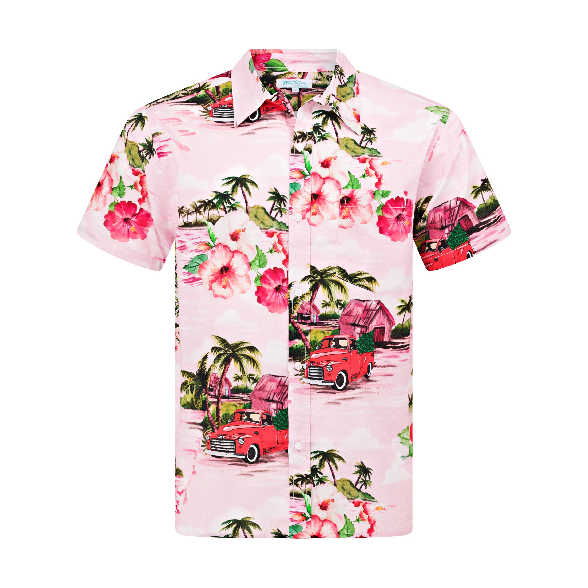 A pink adult shirt with a tropical cruiser design, featuring floral patterns and a car illustration.