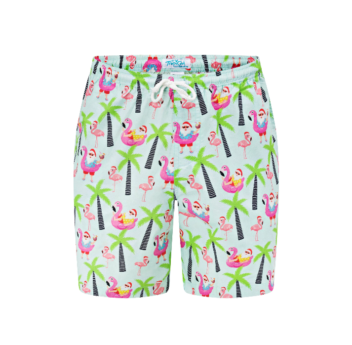 Blue kids shorts with flamingo and palm tree print, festive tropical holiday style. | Tropicool Clothing