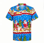 A short-sleeve button-up Hawaiian shirt featuring a vibrant blue Christmas print with Santa Claus, reindeer, pine trees, and snowflakes, displayed on a clean white background.