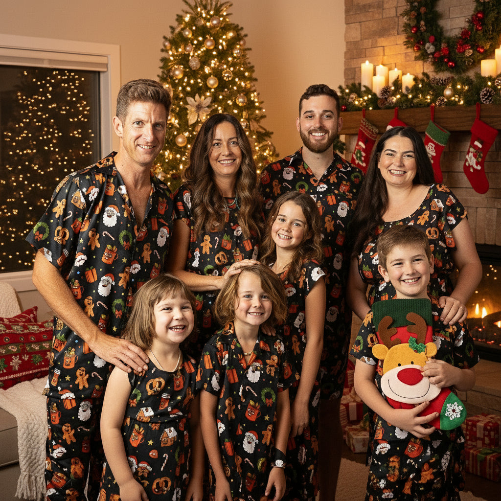 Family wearing matching Tropicool Jingleverse Christmas outfits, including the Holly Jingleverse Kids Dress, showing full family-matching styles.