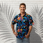 Paradise Crush cotton Hawaiian shirt with tropical palm leaf pattern and vibrant island-inspired colors. | Tropicool Clothing