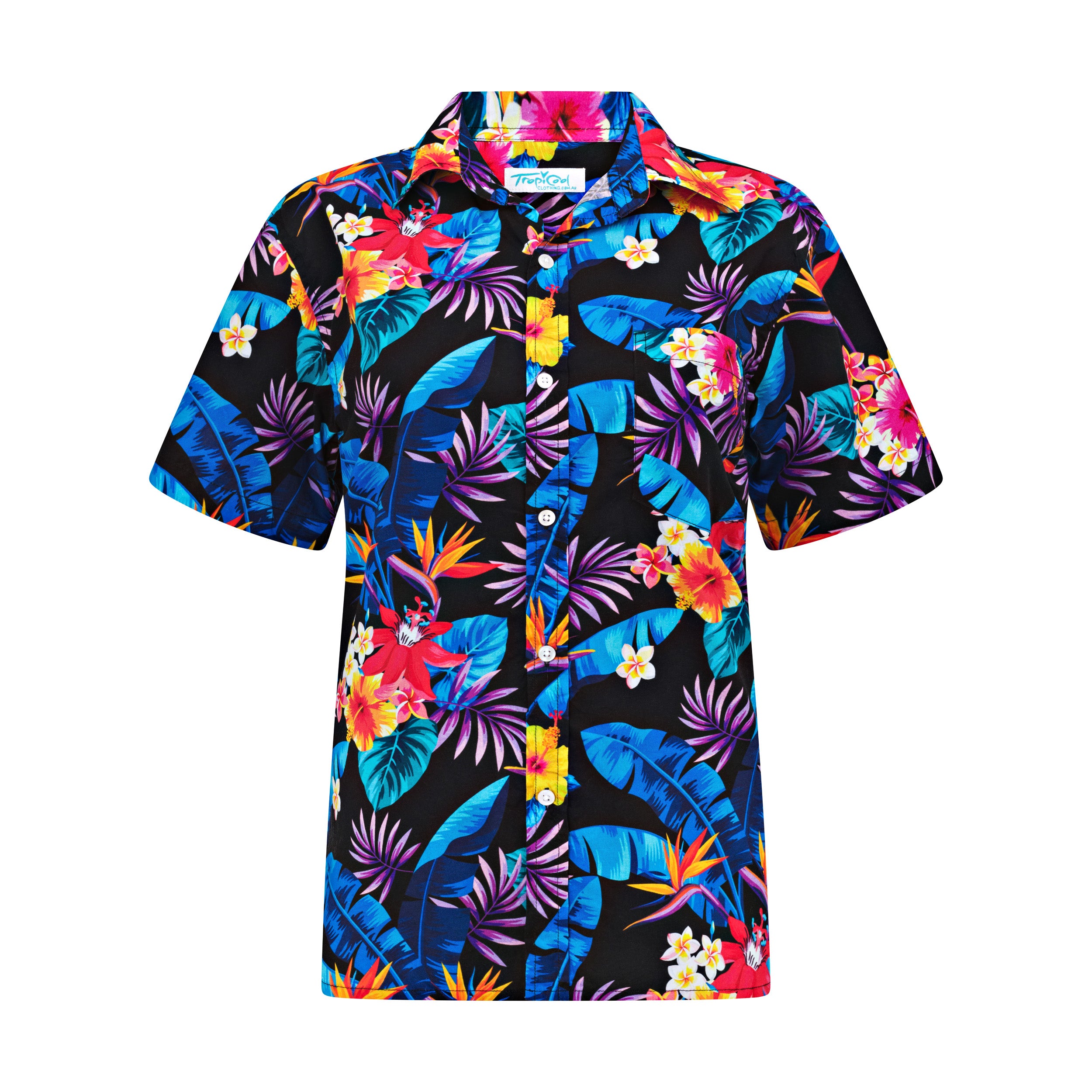 Tropical cotton adult shirt featuring a vibrant floral and multicolor leaf pattern on black background. | Tropicool Clothing