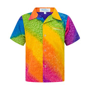 Tropical kids’ shirt with vibrant rainbow stripes, short sleeves, button-up style, chest pocket. | Tropicool Clothing
