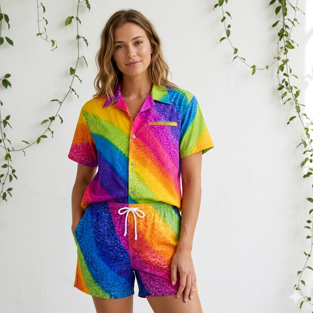 Rainbow adult shirt and shorts set featuring vibrant horizontal stripes, perfect for tropical parties. | Tropicool Clothing