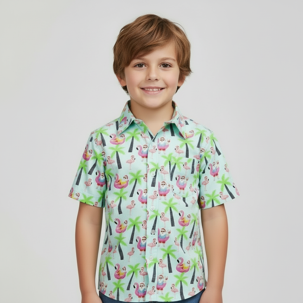 Kid wearing Santa Sip & Blue shirt featuring Santa on flamingo floats with palm trees on a light blue tropical background.