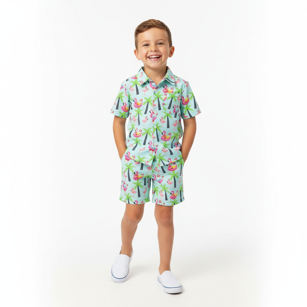Kid wearing blue Christmas shorts featuring Santa on flamingo floats with palm trees and tropical festive patterns.