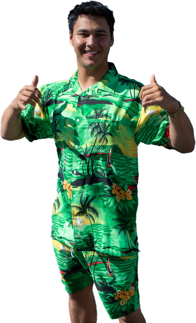 Sunset Green adult Hawaiian shirt and matching tropical shorts with palm tree patterns, festive colors. | Tropicool Clothing