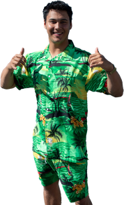 Sunset Green adult Hawaiian shirt and matching tropical shorts with palm tree patterns, festive colors. | Tropicool Clothing