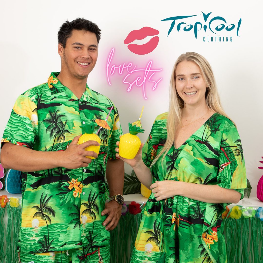 Sunset Green adult Hawaiian shirts, vibrant tropical design with festive colors and palm tree patterns. | Tropicool Clothing