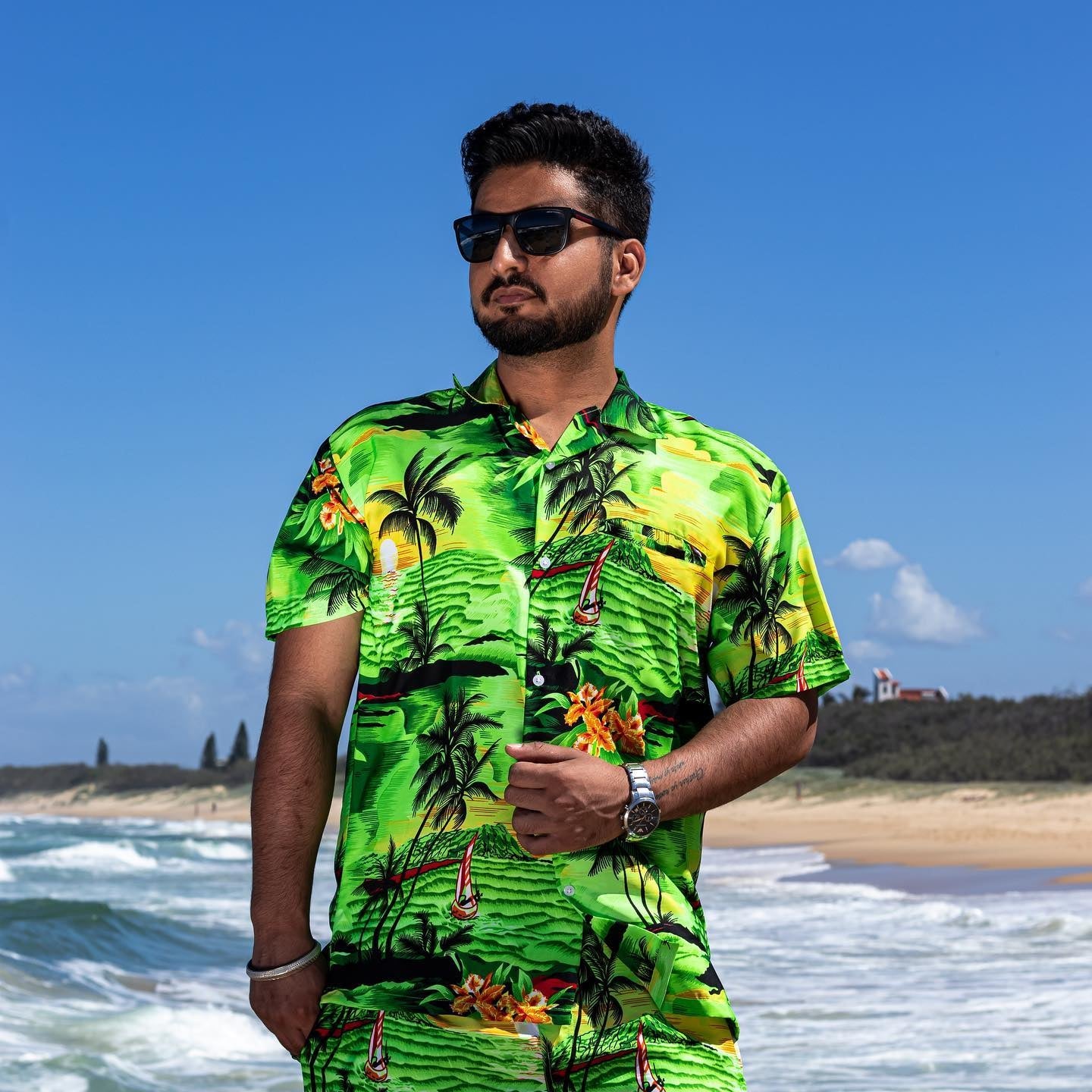 Sunset green tropical adult shirt with classic fit, perfect for festive beach and island wear. | Tropicool Clothing