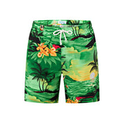 Sunset Green Adult Shorts with palm trees, yellow flowers, and tropical ocean sunset island print. | Tropicool Clothing