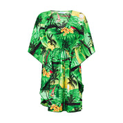 Sunset green kaftan with drawstring waist, wide sleeves, and tropical leaf and flower pattern. | Tropicool Clothing