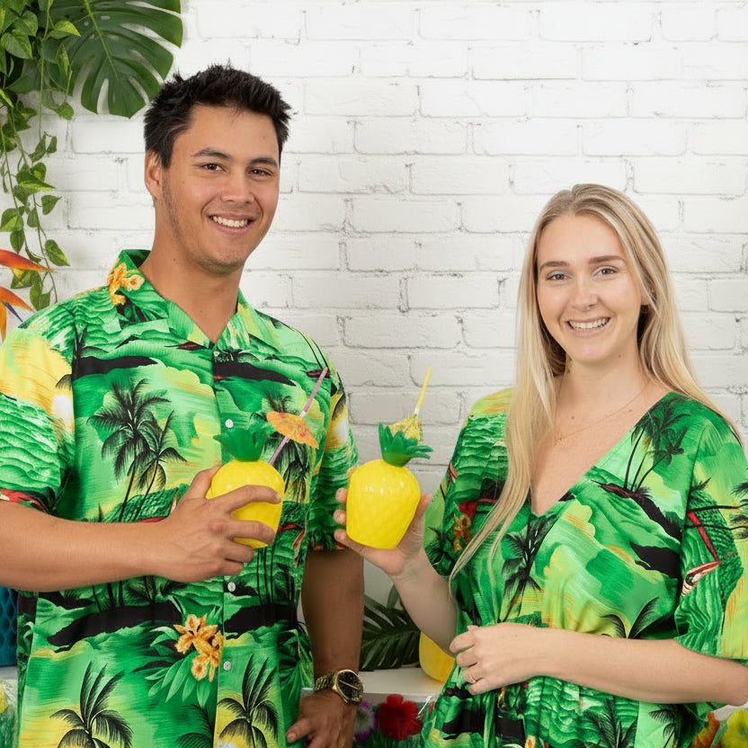 Sunset green kaftans with a loose, flowy fit; perfect tropical resort wear for festive summer style. | Tropicool Clothing
