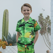 Kids Sunset Green Hawaiian shirt and shorts set with palm tree and yellow flower tropical print. | Tropicool Clothing