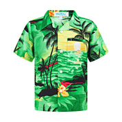 Kids tropical Hawaiian shirt in green with palm trees, waves, sunset motifs, and yellow floral patterns. | Tropicool Clothing