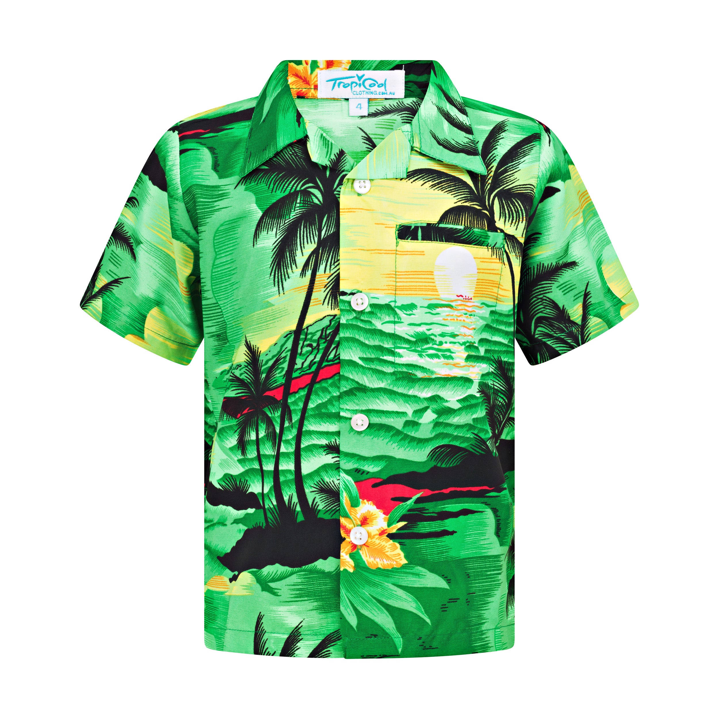 Kids tropical Hawaiian shirt in green with palm trees, waves, sunset motifs, and yellow floral patterns. | Tropicool Clothing