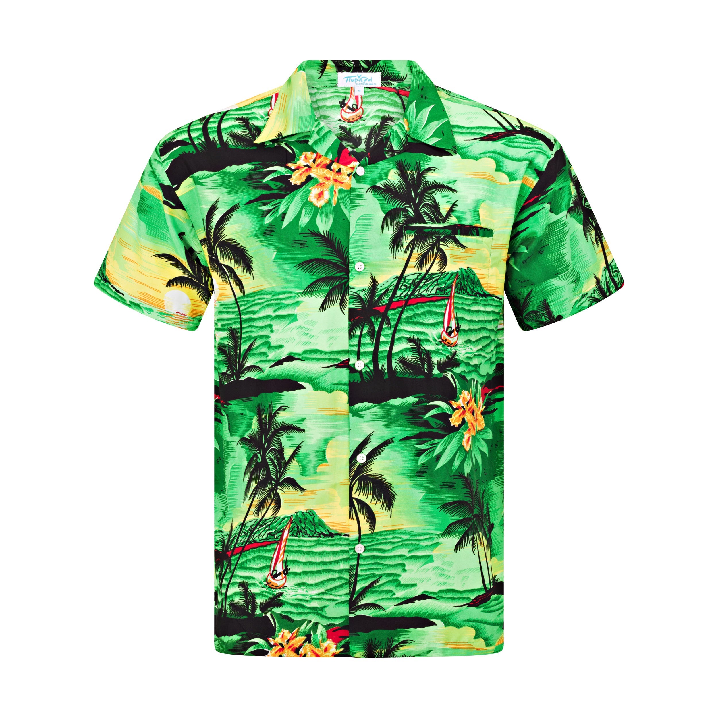 Sunset green Hawaiian shirt and shorts set with tropical palm tree and sailboat print pattern. | Tropicool Clothing