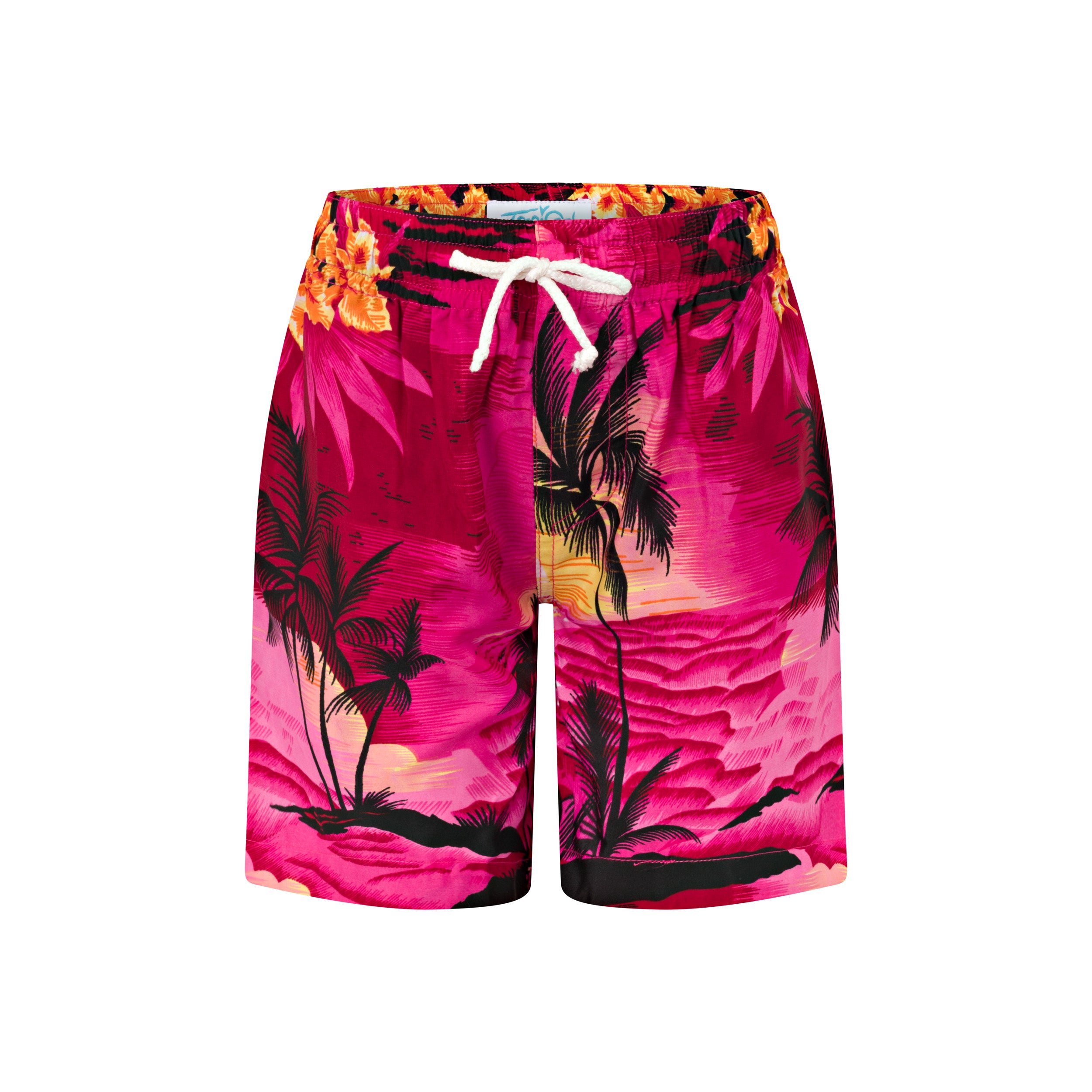 Sunset pink kids shorts with tropical palm tree and sunset print, white drawstring waistband, beachwear style. | Tropicool Clothing