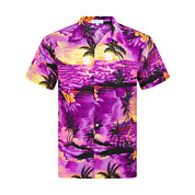 Sunset Purple Hawaiian shirt with vibrant tropical sunset patterns and palm trees, festive party apparel. | Tropicool Clothing