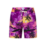 Tropical purple shorts with palm tree and ocean print, white drawstring waist, festive beachwear style. | Tropicool Clothing