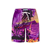The Sunset Purple Kids Hawaiian Shirt and Shorts Set features a vibrant sunset, palm trees, and surfer design—perfect for the ultimate summer outfit.