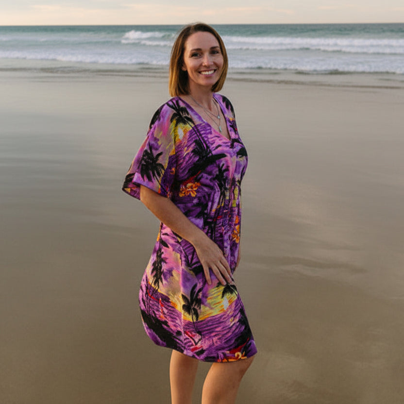 Sunset Purple Kaftan with flowing tropical-inspired design and vibrant hues, ideal for resort wear. | Tropicool Clothing