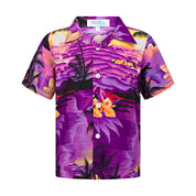 The Sunset Purple Kids Hawaiian Shirt and Shorts Set features bold purple, pink, and yellow sunset patterns with palm trees and tropical flowers—a perfect summer outfit complete with a collar, white buttons, and a chest pocket.