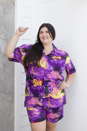 Sunset Purple Hawaiian shirt and shorts set with tropical floral pattern, festive island beachwear. | Tropicool Clothing