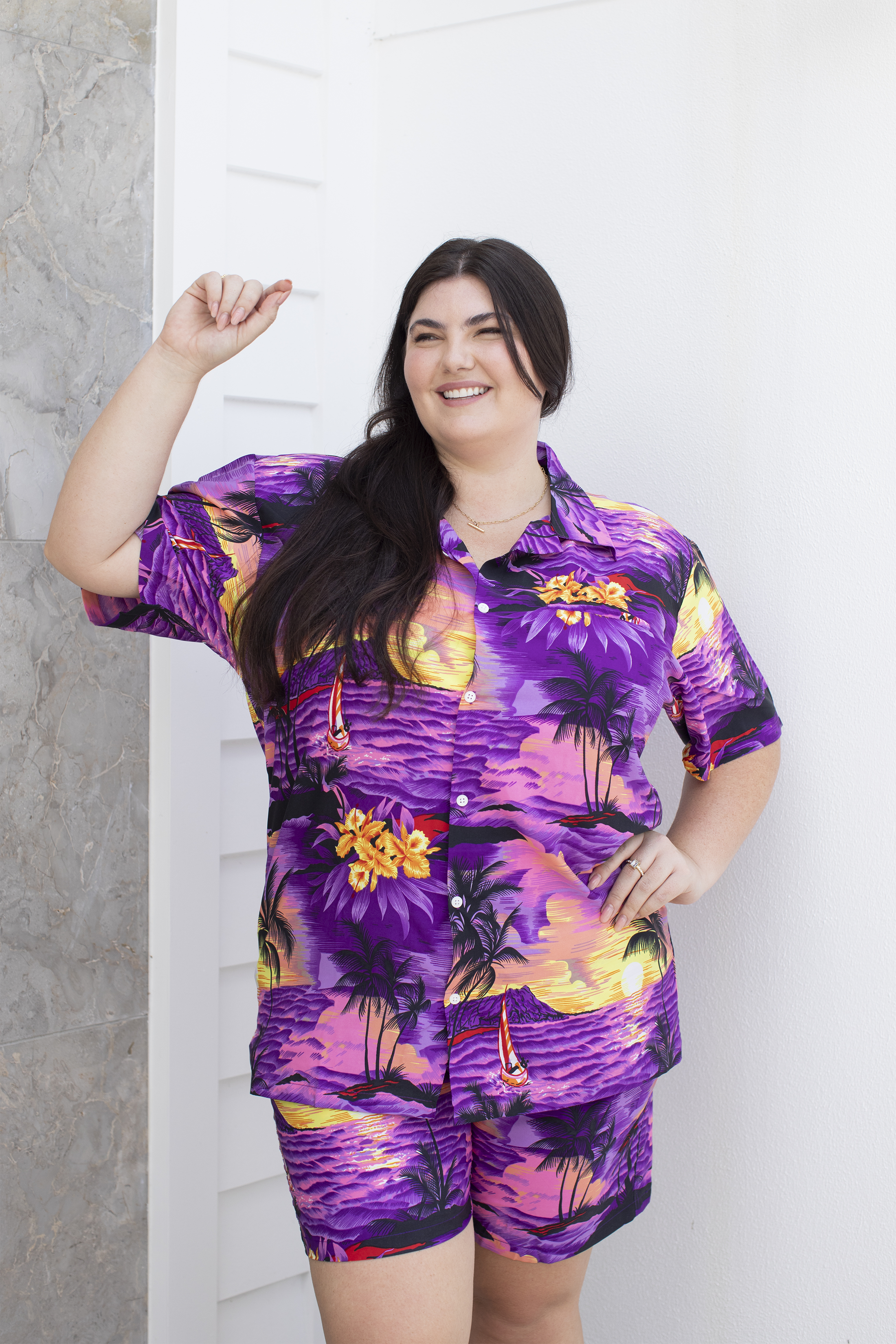 Sunset Purple Hawaiian shirt and shorts set with tropical floral pattern, festive island beachwear. | Tropicool Clothing