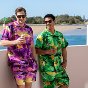 Sunset Purple Hawaiian shirt and shorts set with tropical palm tree and floral patterns, festive style. | Tropicool Clothing