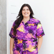 Sunset Purple Hawaiian shirt and shorts set with tropical floral patterns in vibrant festive colors. | Tropicool Clothing